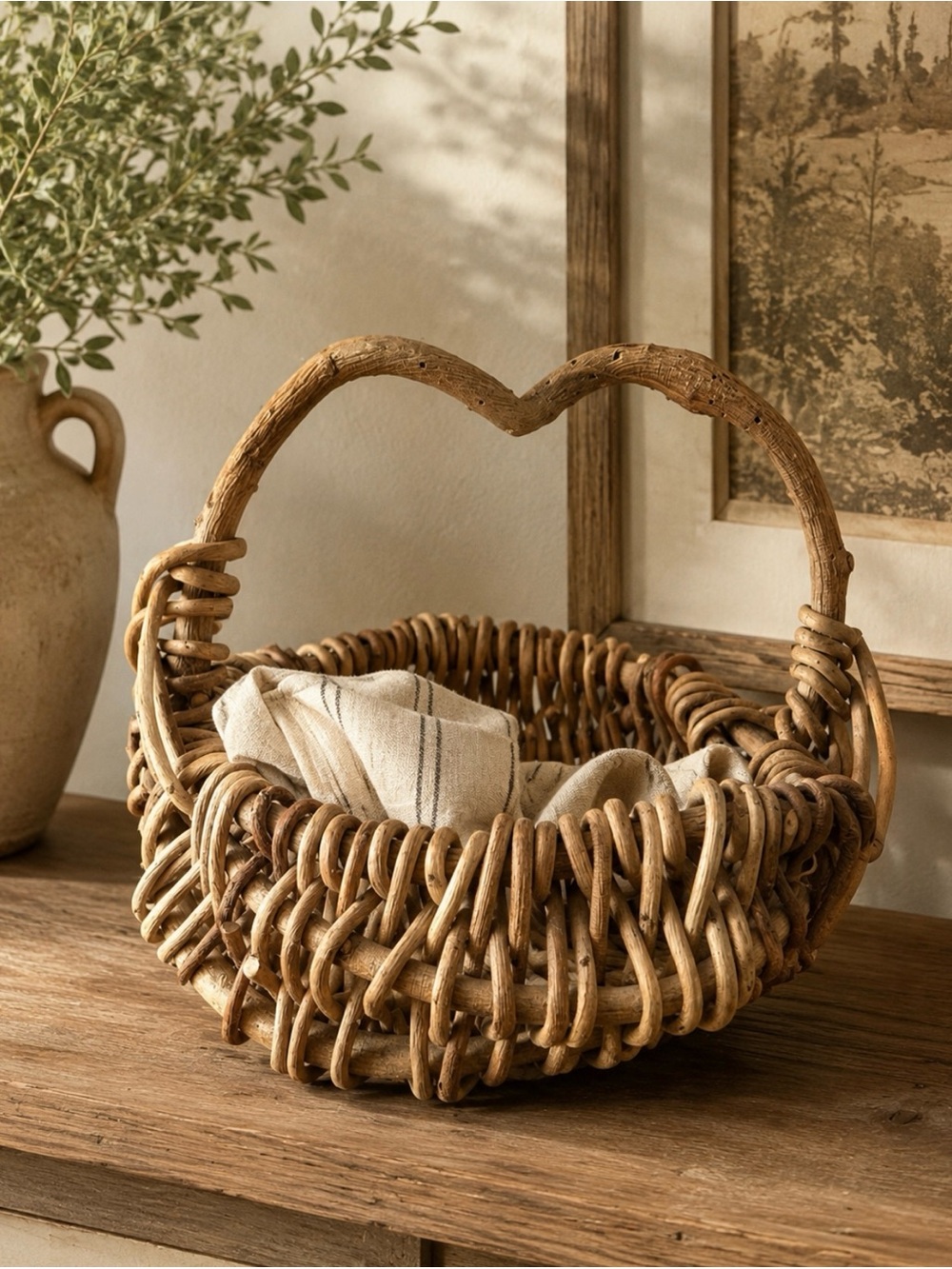 Primitive Natural Woven Thick Vine Basket with Handle - Tan Asymmetrical Gather